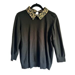 Talbots Black Collared Sweater w/ Leopard Animal Print Accents 3/4 Sleeve Size M